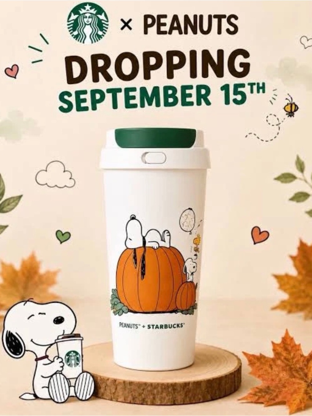 Peanuts + Starbucks Pumpkin Snoopy Woodstock 12 oz Tumbler w/box